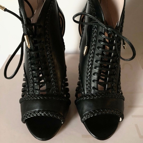 Avec Les Filles Black Joyce Lace Up Open Toe Stiletto Heel Pump Booties Shooties - Picture 12 of 13